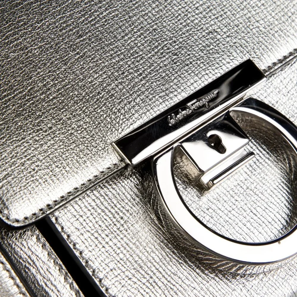 Salvatore Ferragamo Metallic Silver Leather Shoulder Grancini Flap Mini …
